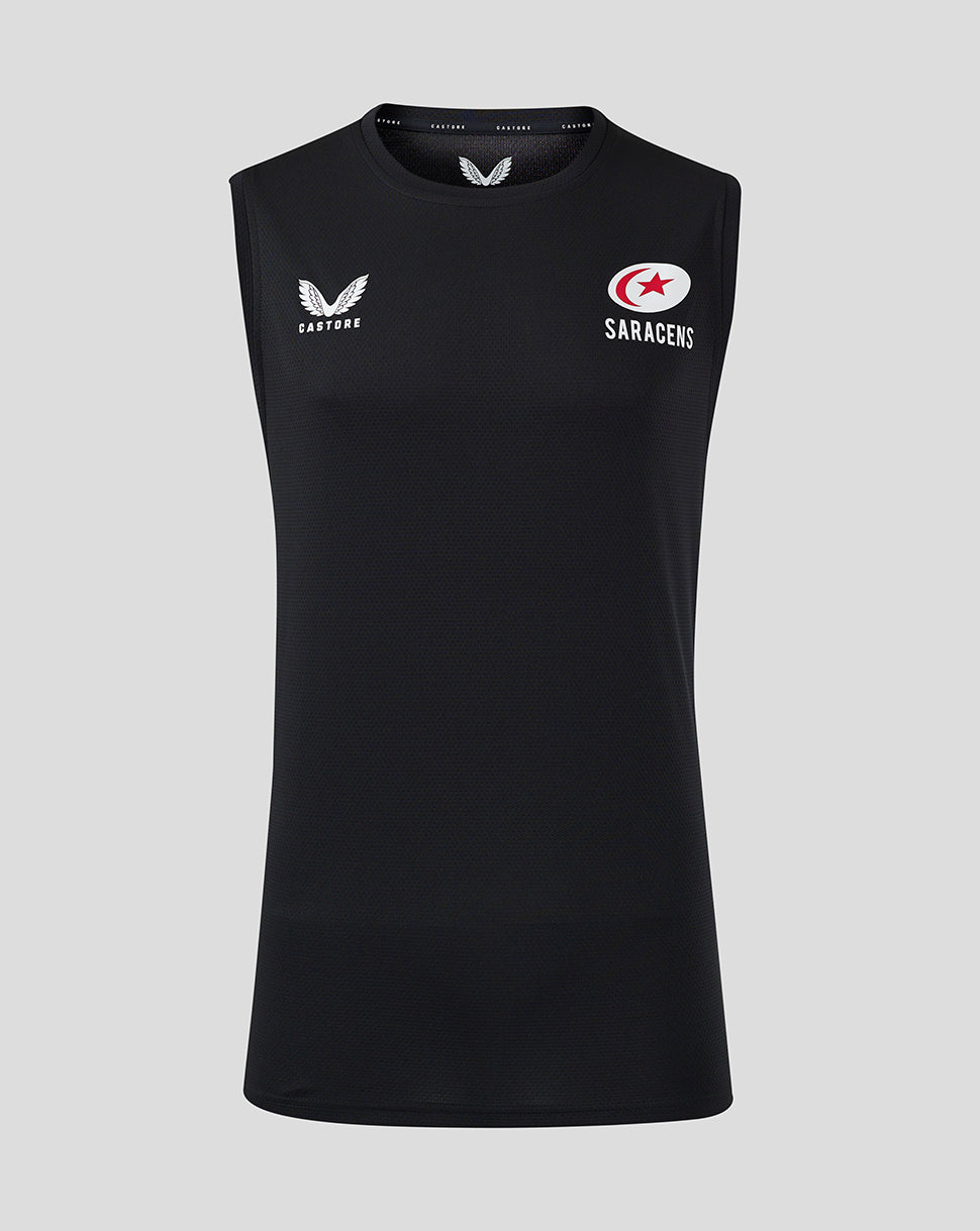 Black Saracens training vest with white Castore wing logo on left chest and Saracens crest on right chest