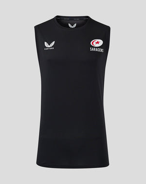 Black Saracens training vest with white Castore wing logo on left chest and Saracens crest on right chest