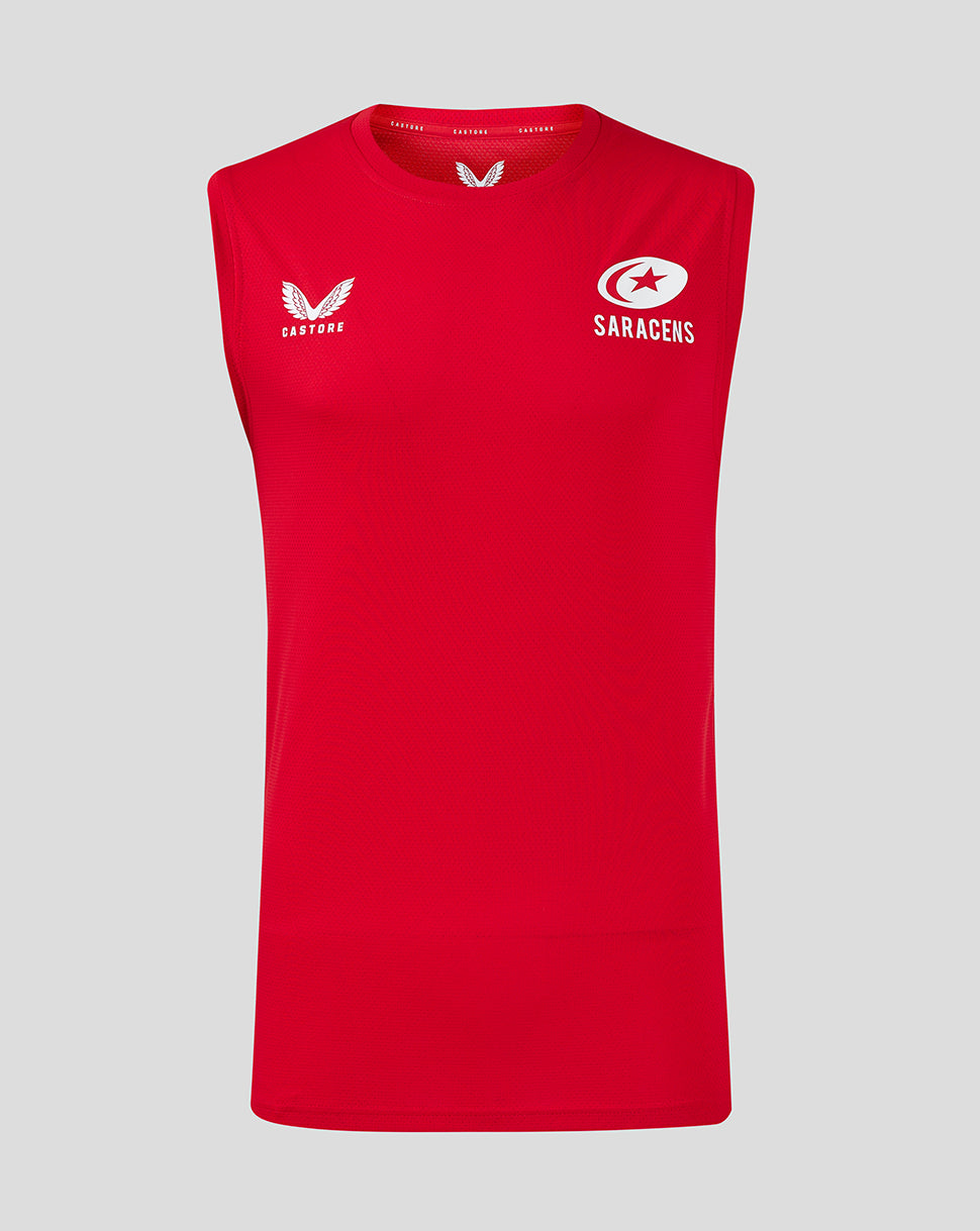 Front view of red Saracens training vest with Castore logo on the left chest and Saracens emblem on the right