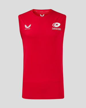 Front view of red Saracens training vest with Castore logo on the left chest and Saracens emblem on the right