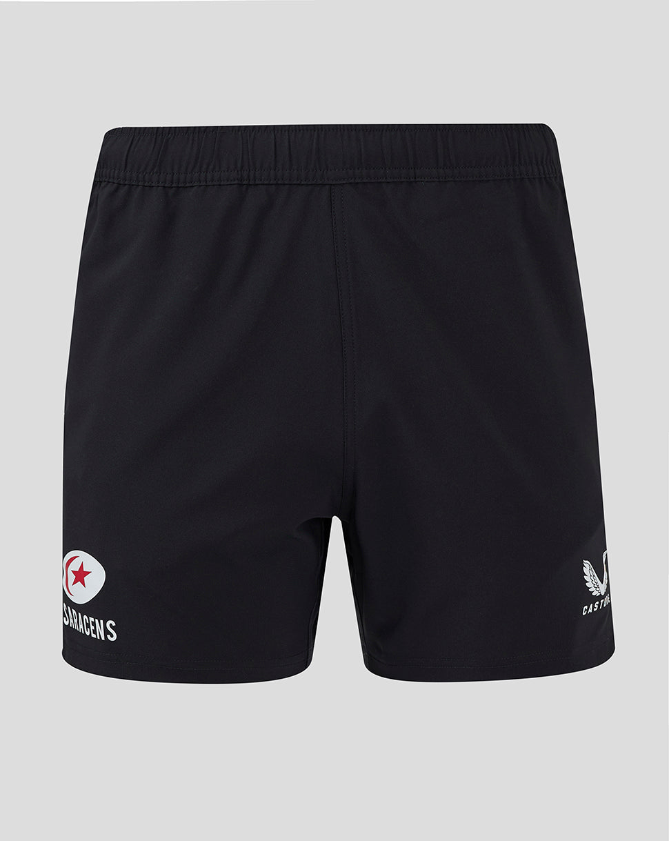 Back view of black Saracens training shorts with white logo on the left leg