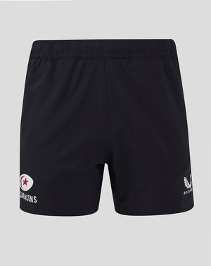Back view of black Saracens training shorts with white logo on the left leg