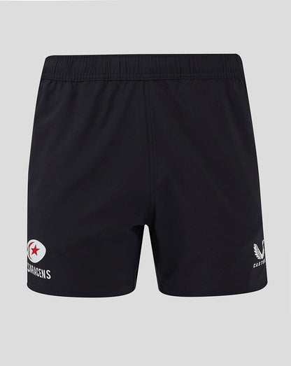 Back view of black Saracens training shorts with white logo on the left leg