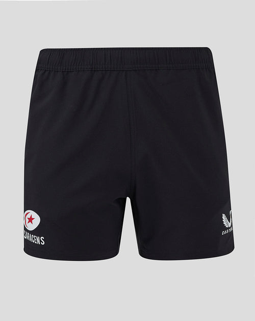 Back view of black Saracens training shorts with white logo on the left leg