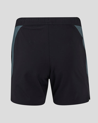 Back view of black Saracens training shorts featuring teal side panels