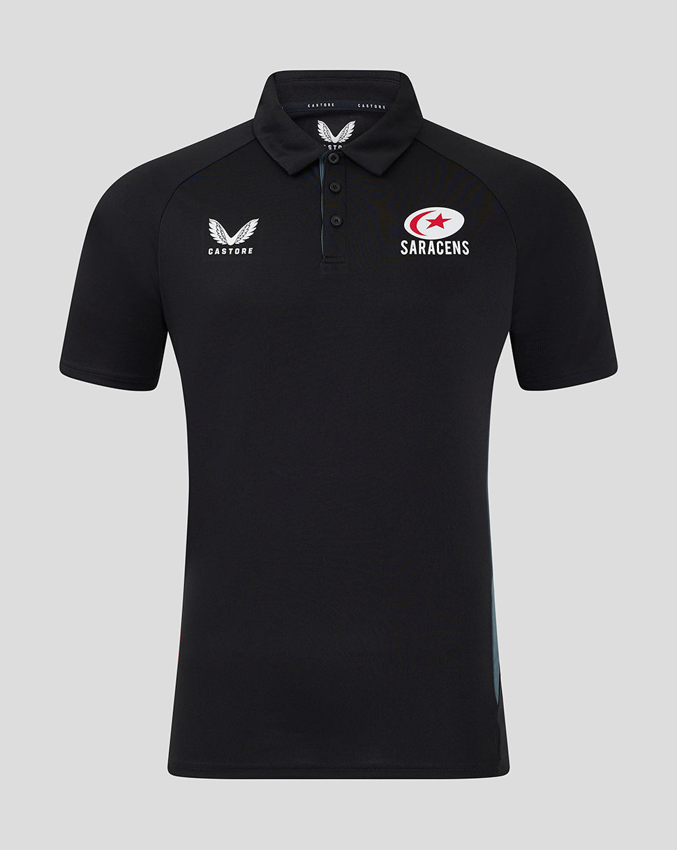 Front view of black Saracens 24/25 presentation polo with Castore logo and Saracens crest
