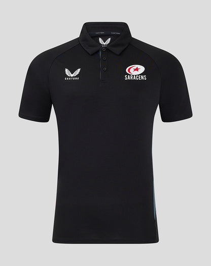 Front view of black Saracens 24/25 presentation polo with Castore logo and Saracens crest