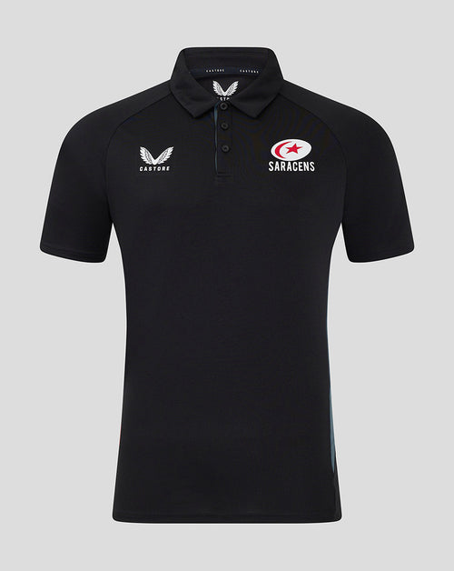 Front view of black Saracens 24/25 presentation polo with Castore logo and Saracens crest