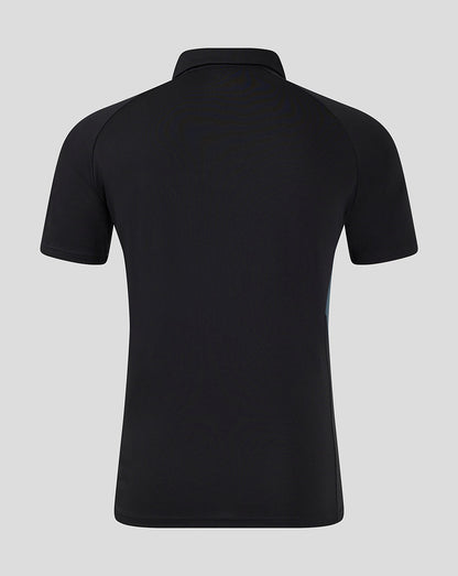 Back view of black Saracens presentation polo showing clean silhouette and short sleeves