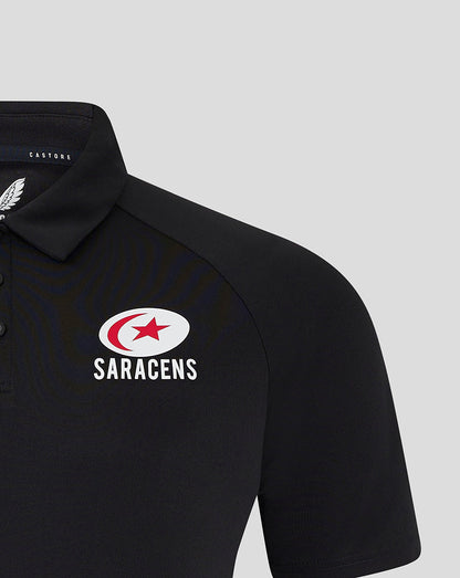 Left chest Saracens crest on a black polo shirt