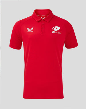 Red Saracens polo shirt with Castore logo on the left chest and Saracens emblem on the right.