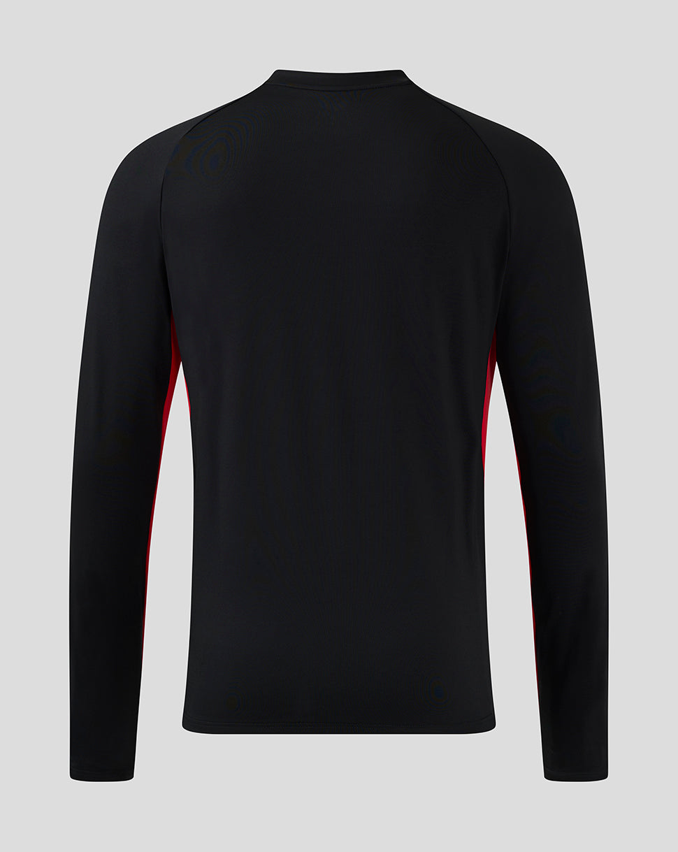 Back view of black long-sleeve midlayer with red side panels for the Saracens 24/25 kit