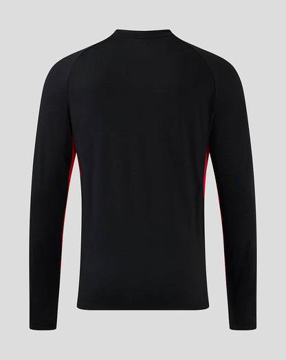 Back view of black long-sleeve midlayer with red side panels for the Saracens 24/25 kit