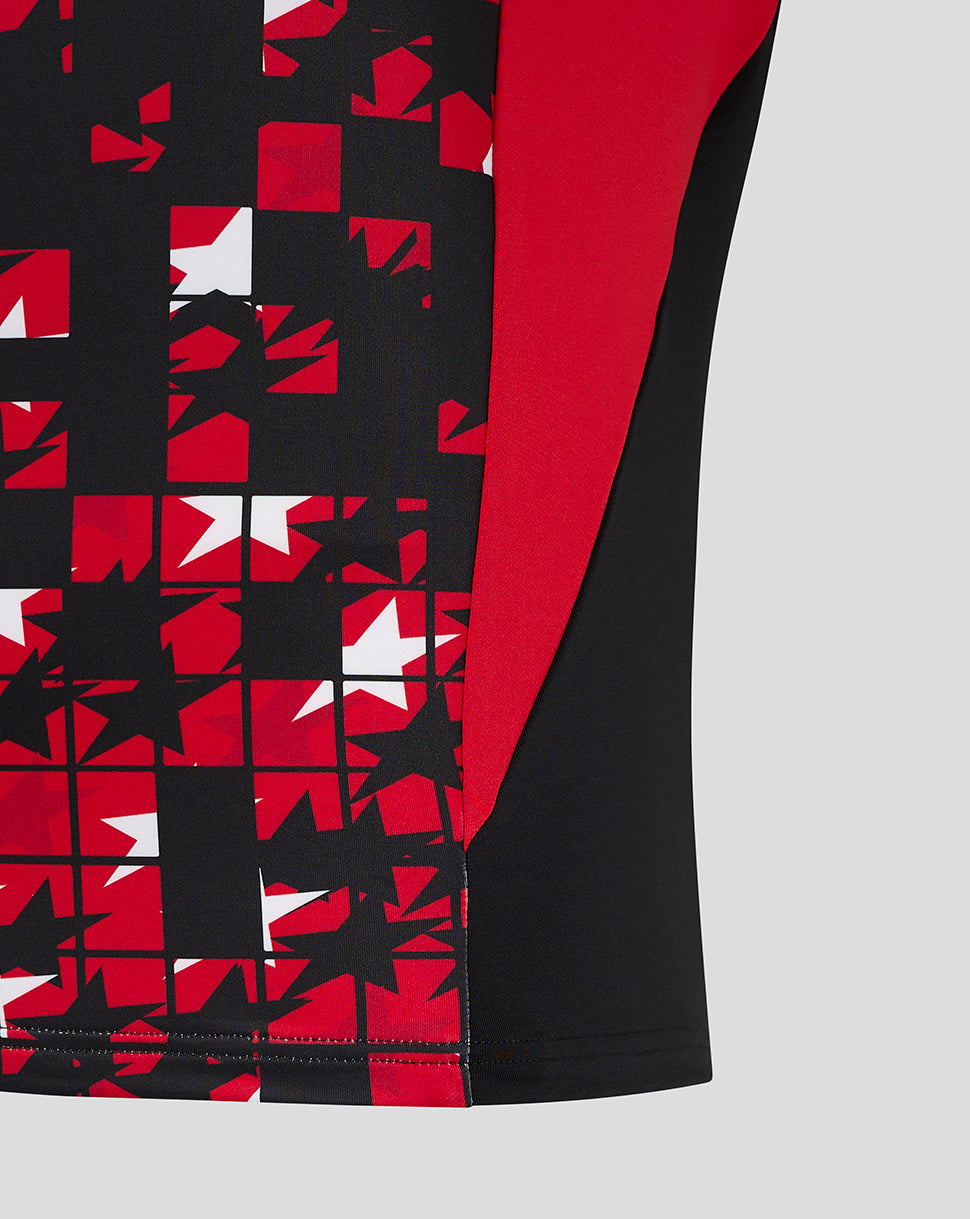 Close-up of red and black geometric pattern on Saracens 24/25 Matchday Midlayer fabric
