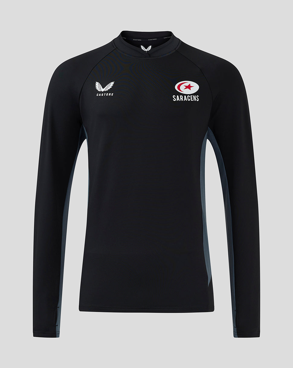 Black Saracens men's training midlayer long sleeve top with chest logos and side panel details.