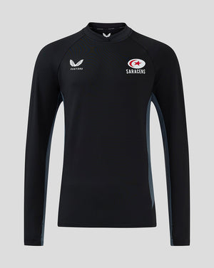 Black Saracens men's training midlayer long sleeve top with chest logos and side panel details.