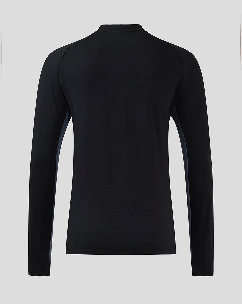 Back view of black Saracens training midlayer long sleeve top