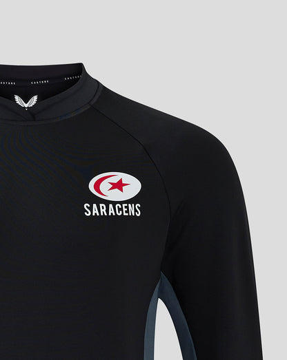 Saracens training midlayer in black with white Saracens logo on the chest