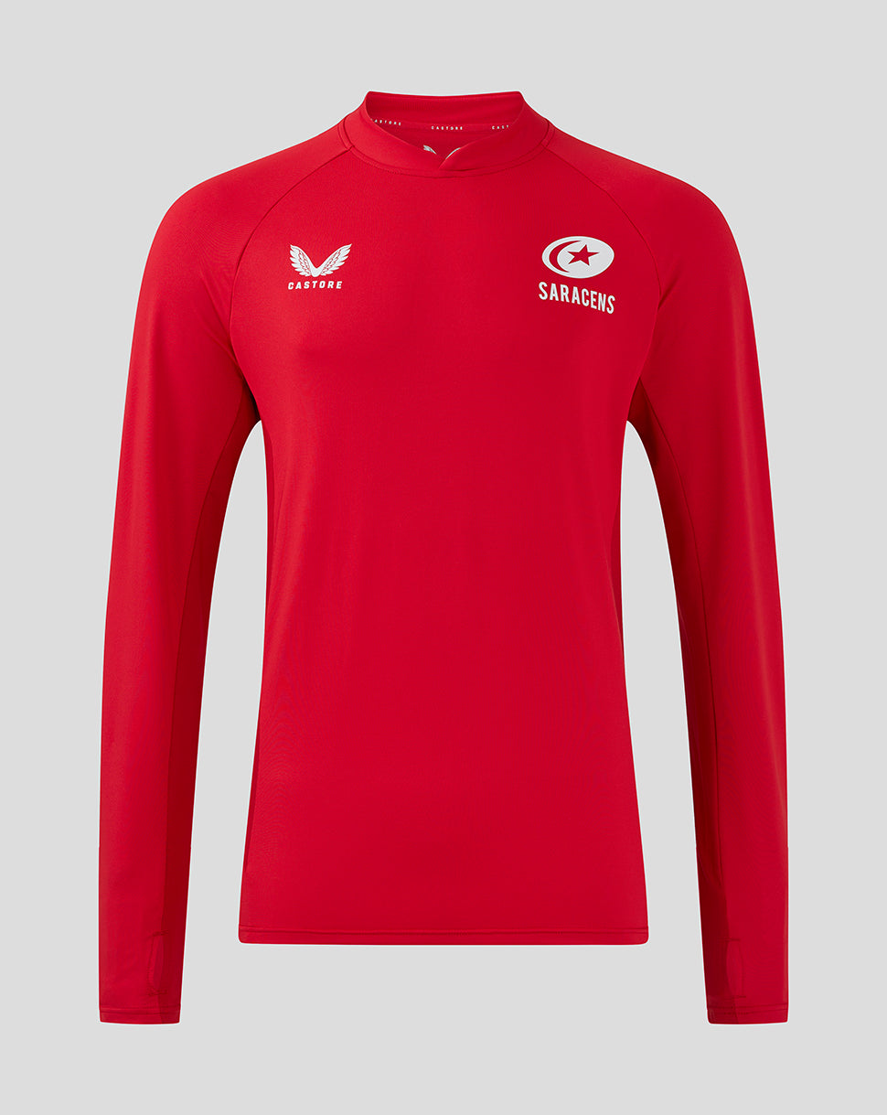 Red Saracens training midlayer with white crest on the chest and Castore branding