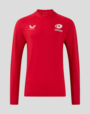 Red Saracens training midlayer with white crest on the chest and Castore branding