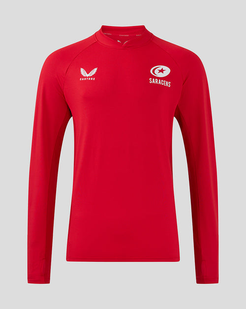Red Saracens training midlayer with white crest on the chest and Castore branding