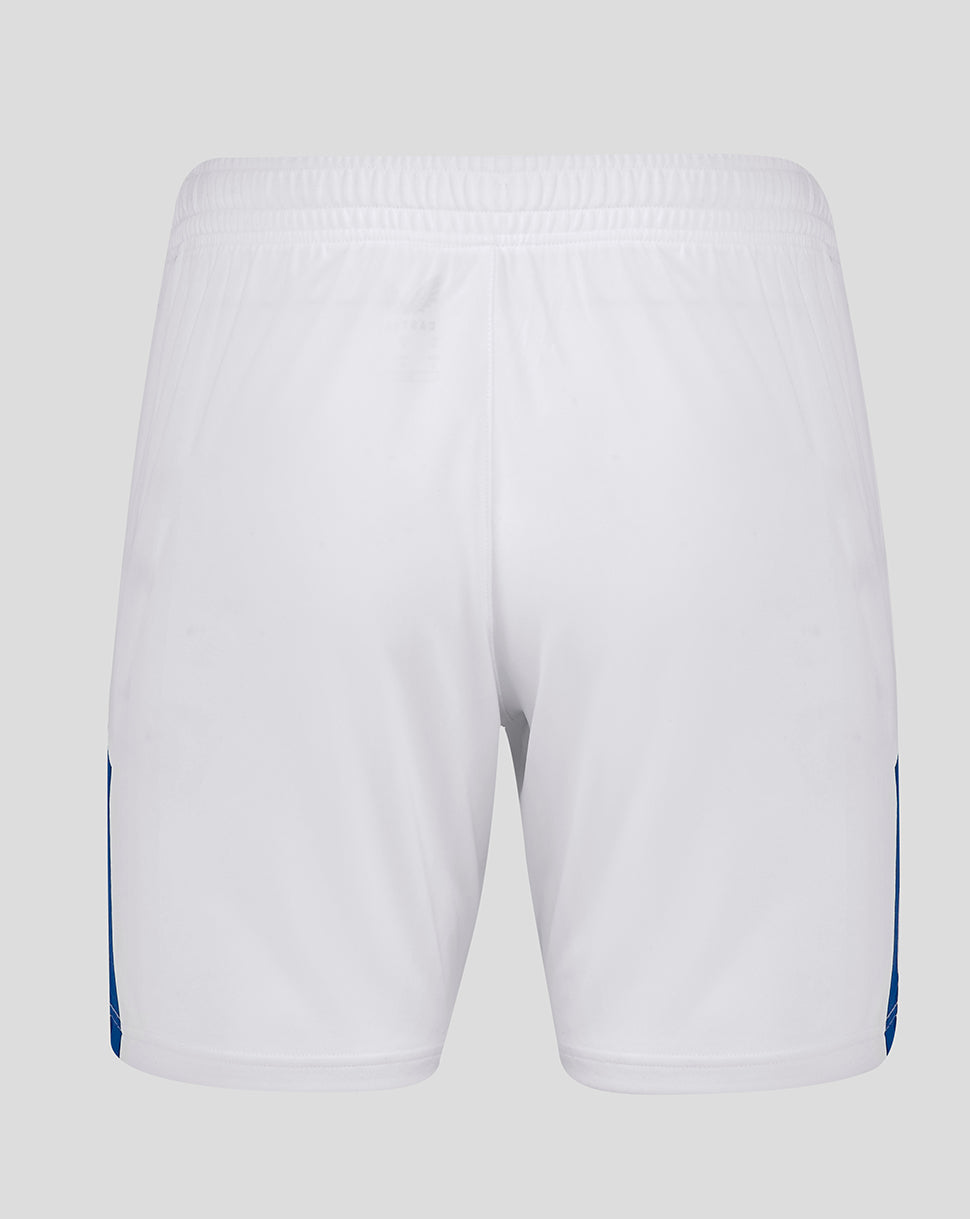Back view of white Everton Junior 24/25 Home Shorts with elastic waistband and blue side panels