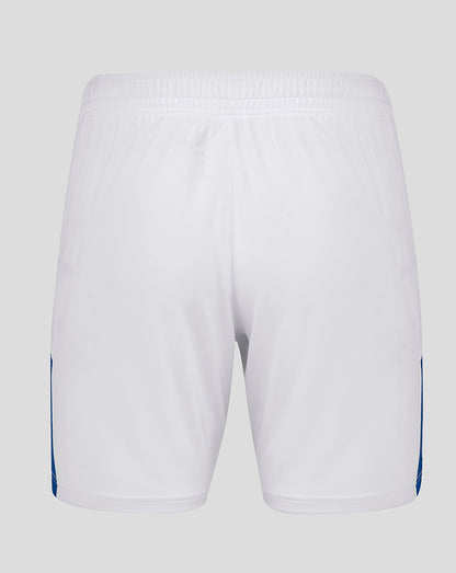 Back view of white Everton Junior 24/25 Home Shorts with elastic waistband and blue side panels
