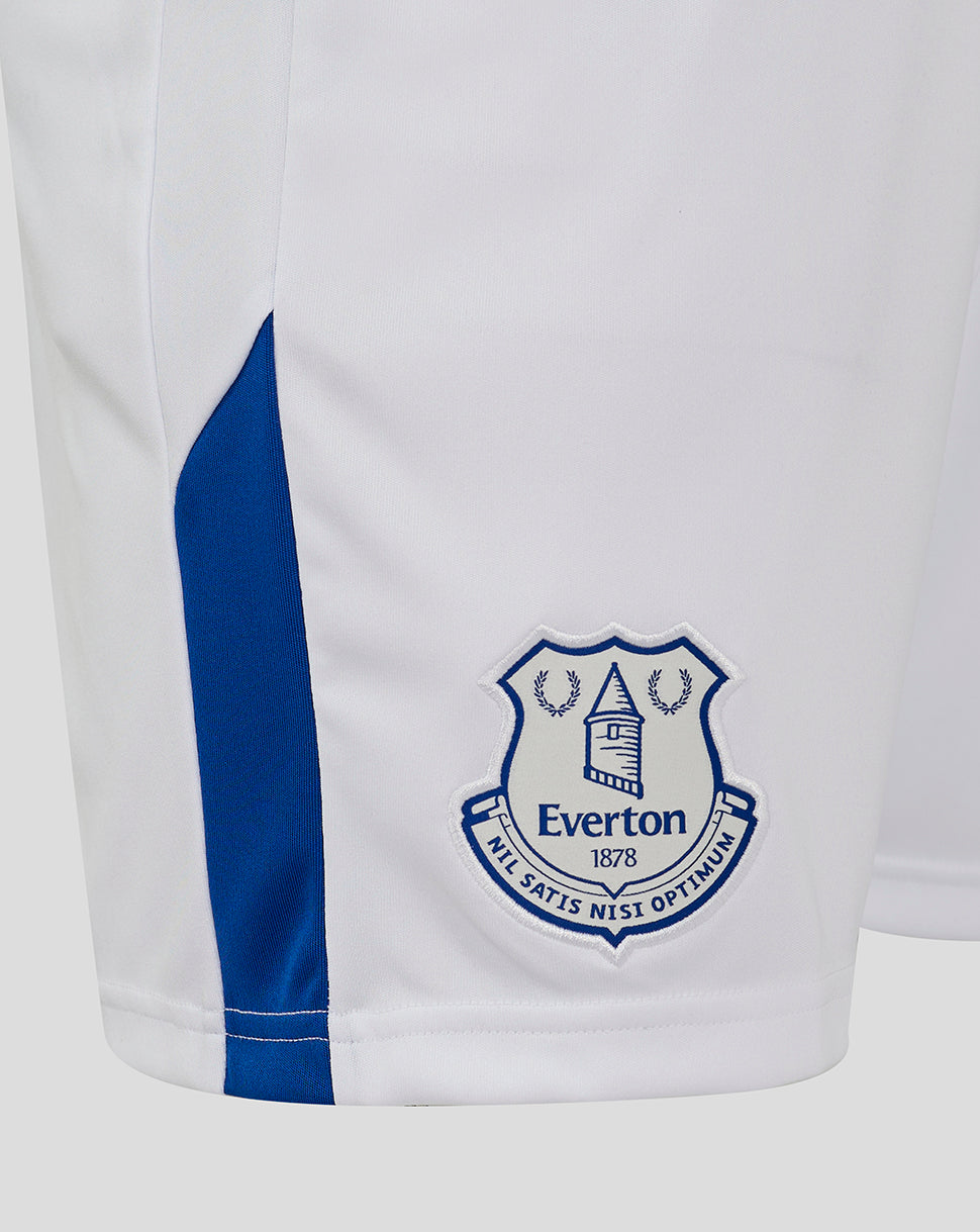 White Everton home shorts with blue side stripe and crest patch at the hem