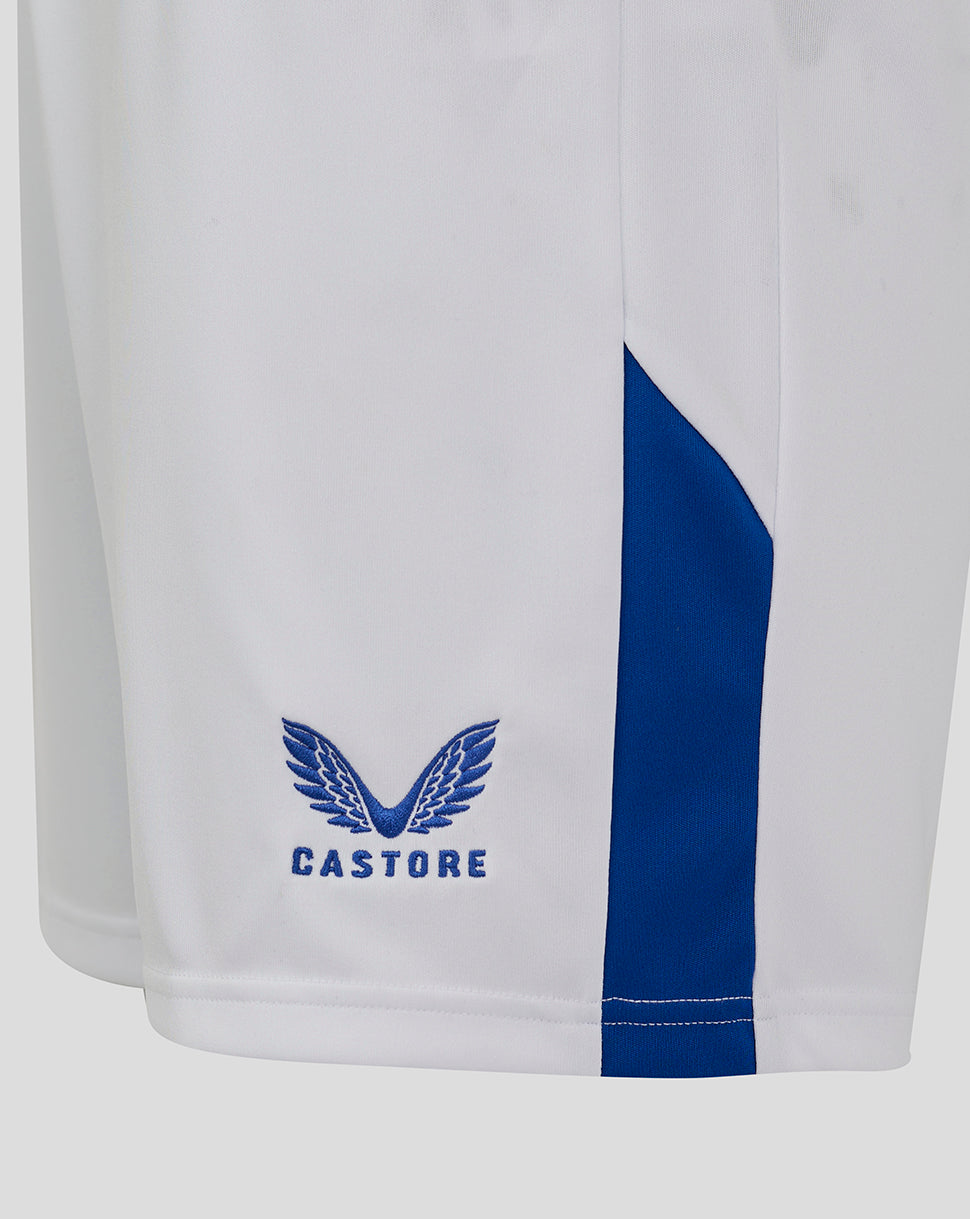 White Everton home shorts with angular blue side panels, Everton crest on the right thigh and Castore logo on the left.