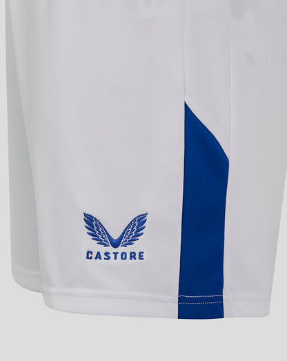Everton Junior white home shorts with a blue side panel and Castore logo on the hem