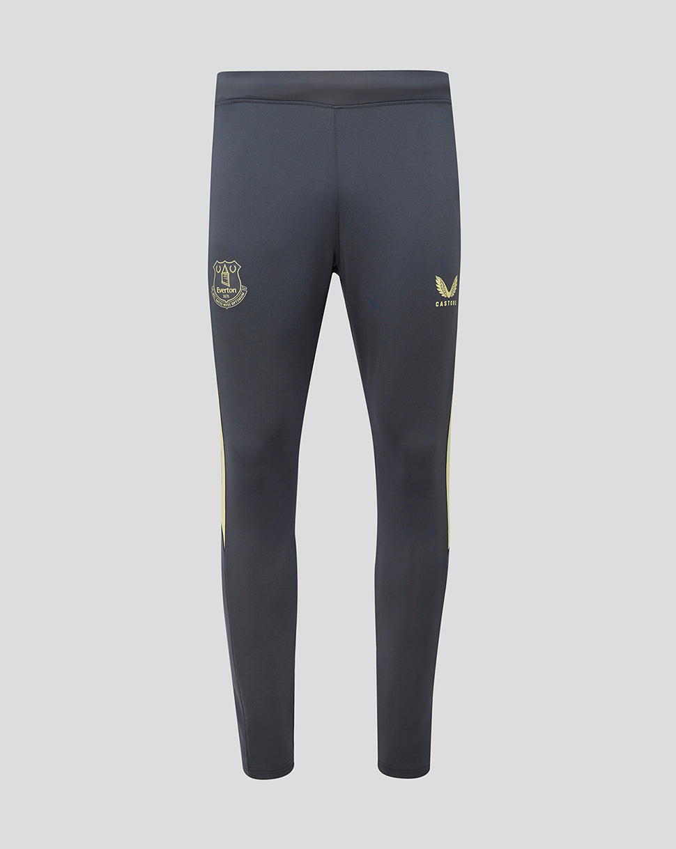 Everton 24/25 men's training pants in dark navy with gold crest on left thigh and Castore logo on right thigh
