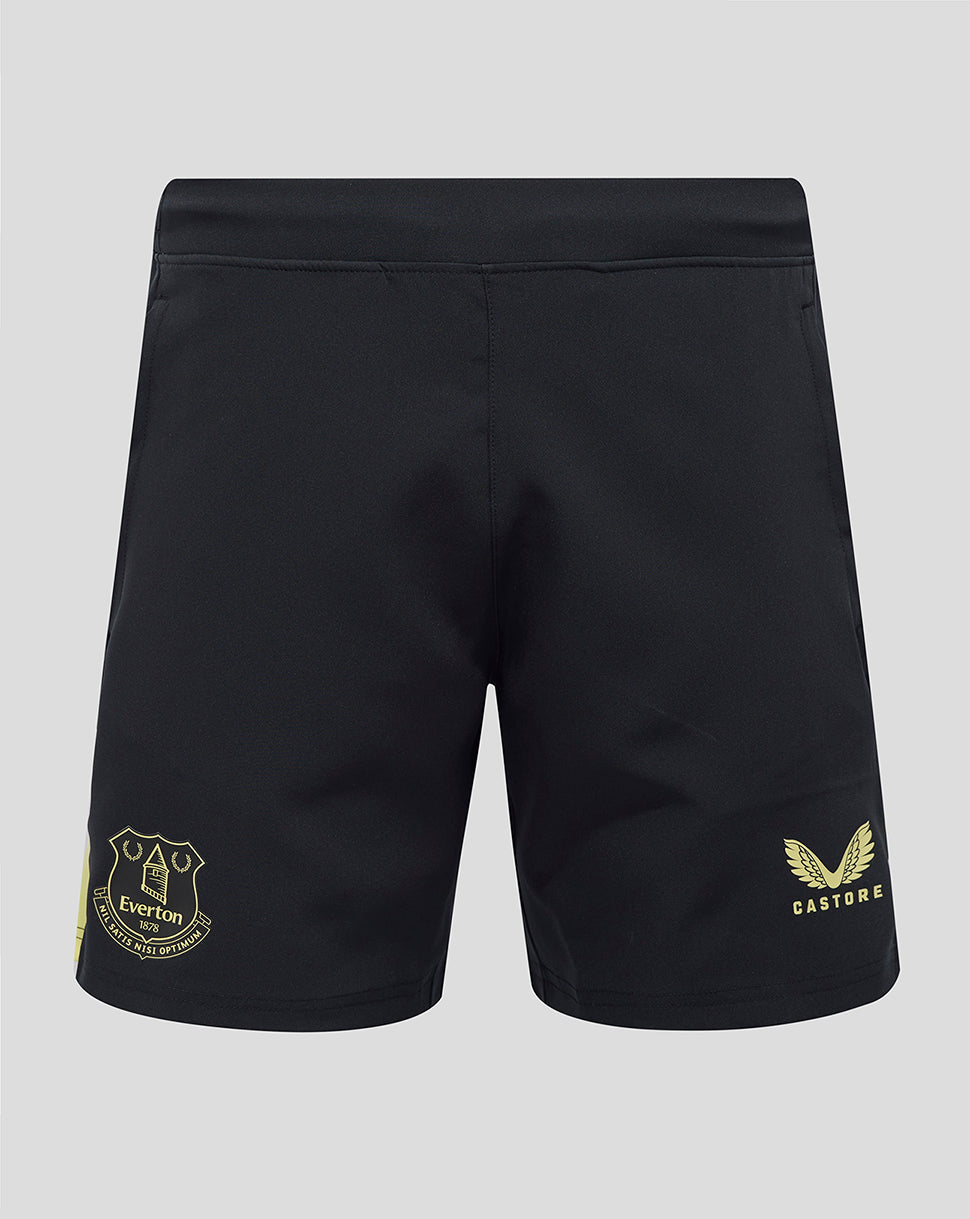 Back view of navy Everton woven shorts with crest on left leg and Castore logo on right leg