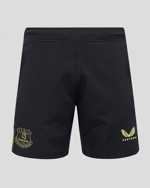 Back view of navy Everton woven shorts with crest on left leg and Castore logo on right leg