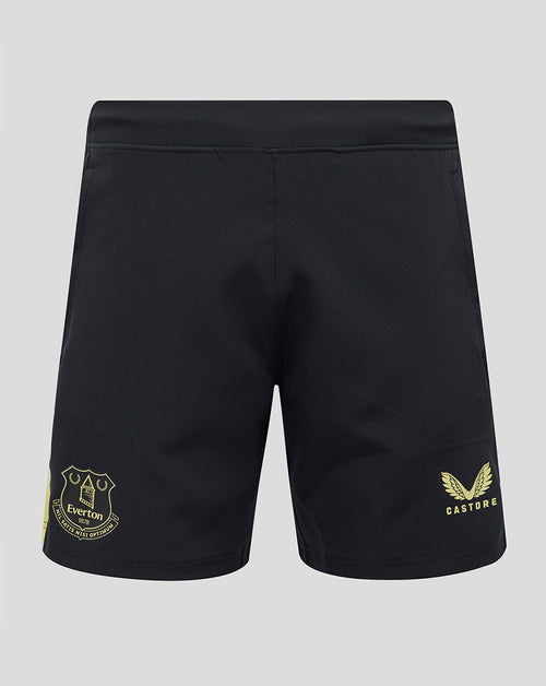 Back view of navy Everton woven shorts with crest on left leg and Castore logo on right leg