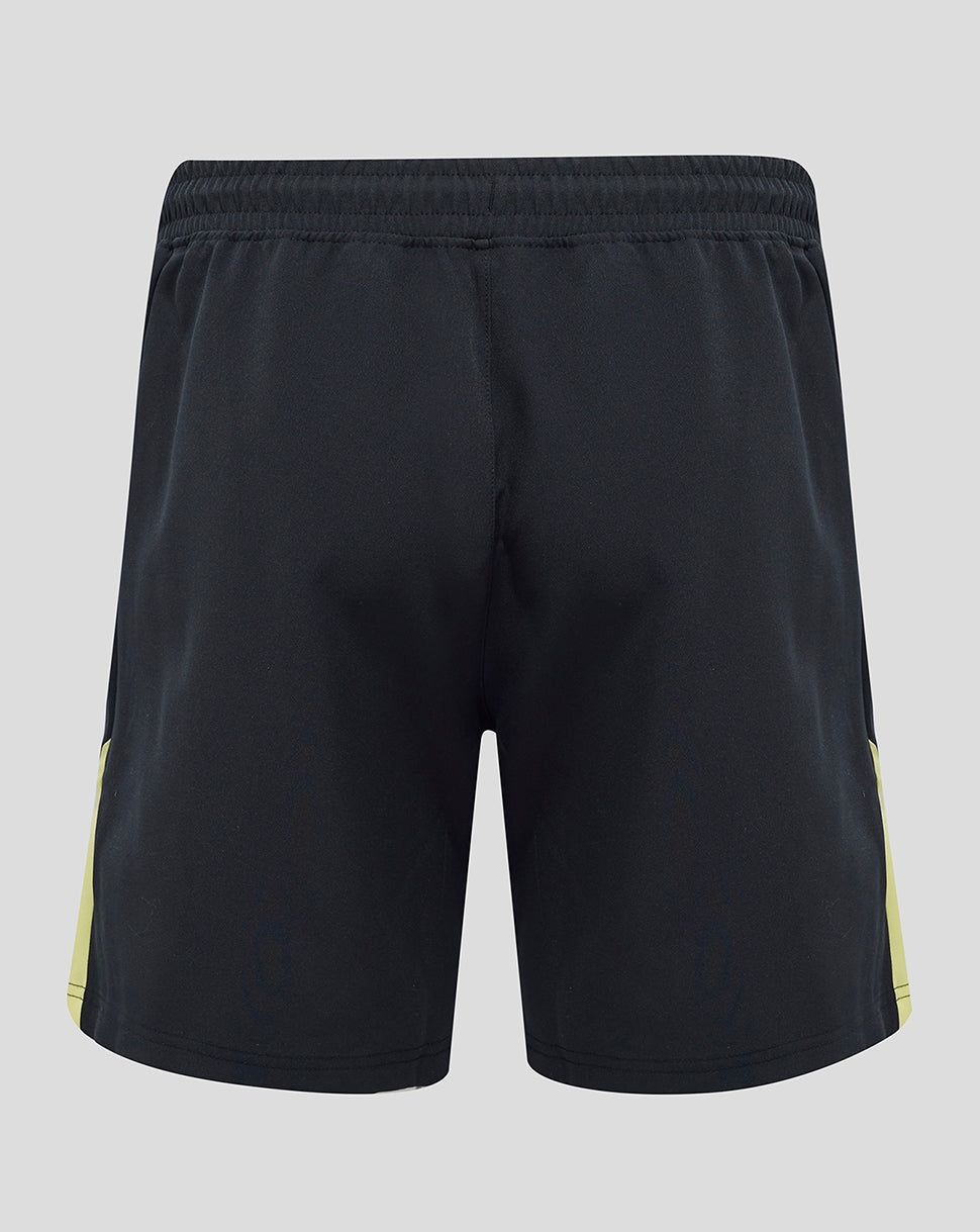 Back view of black Everton 24/25 Coaches woven shorts with neon yellow side panels and elastic waistband