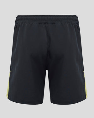 Back view of black Everton 24/25 Coaches woven shorts with neon yellow side panels and elastic waistband