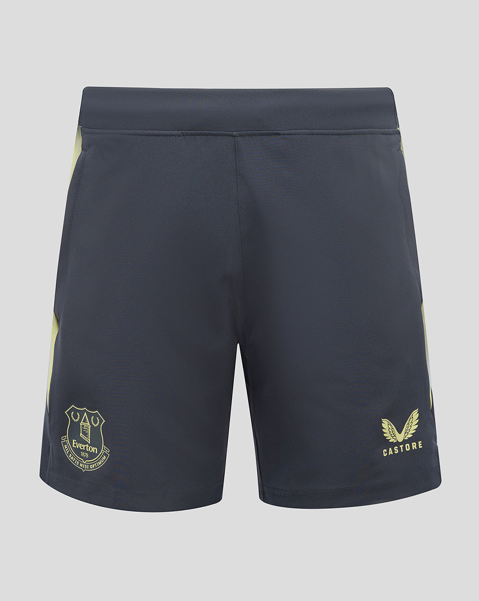 Navy Everton players shorts with pale yellow side panels, crest on the left leg and Castore logo on the right leg.