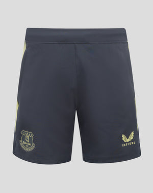 Navy Everton players shorts with pale yellow side panels, crest on the left leg and Castore logo on the right leg.