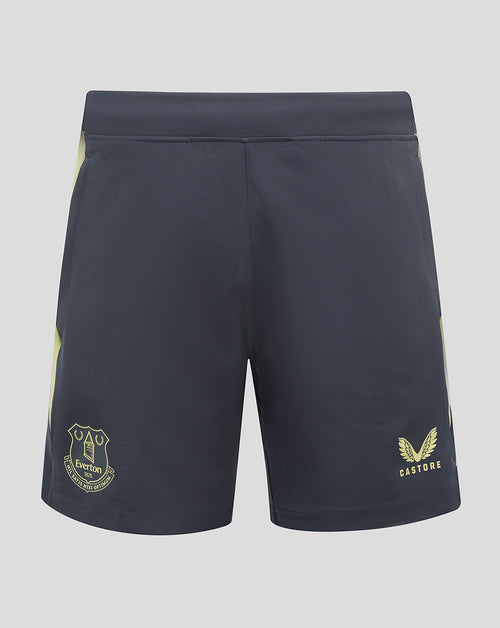 Navy Everton players shorts with pale yellow side panels, crest on the left leg and Castore logo on the right leg.