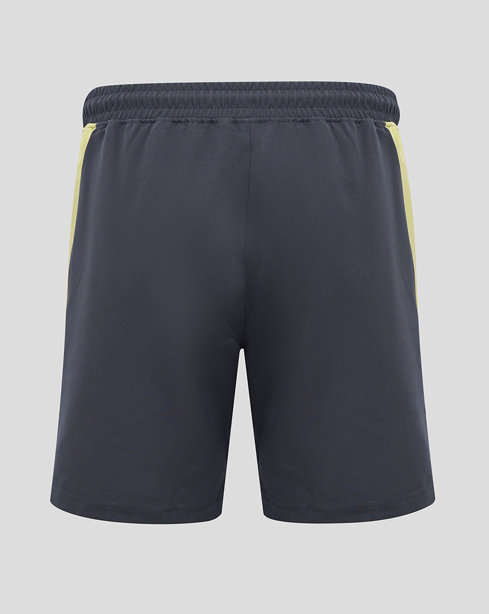 Everton navy woven shorts with pale yellow side panels and an elastic waistband