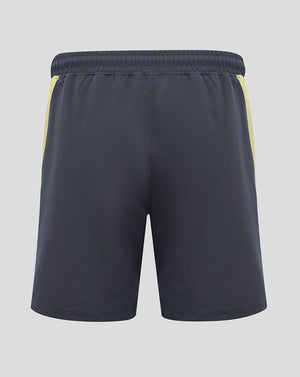 Everton navy woven shorts with pale yellow side panels and an elastic waistband