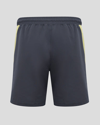 Everton navy woven shorts with pale yellow side panels and an elastic waistband