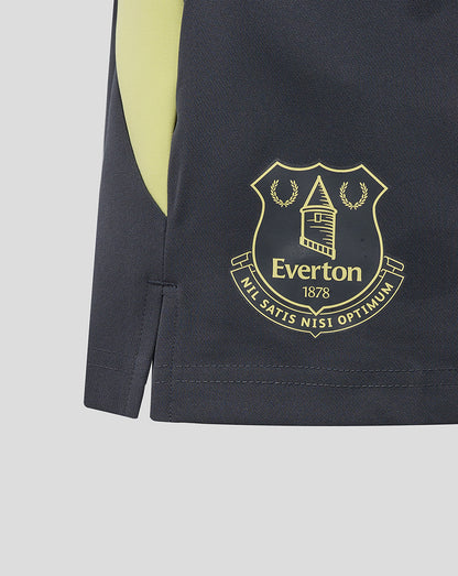 Gold Everton crest on navy fabric of woven shorts