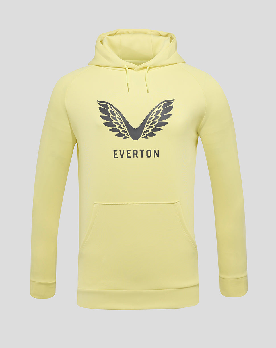 Front view of bright yellow Everton training hoodie with a black wing logo and EVERTON lettering