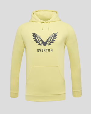 Front view of bright yellow Everton training hoodie with a black wing logo and EVERTON lettering