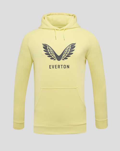 Front view of bright yellow Everton training hoodie with a black wing logo and EVERTON lettering