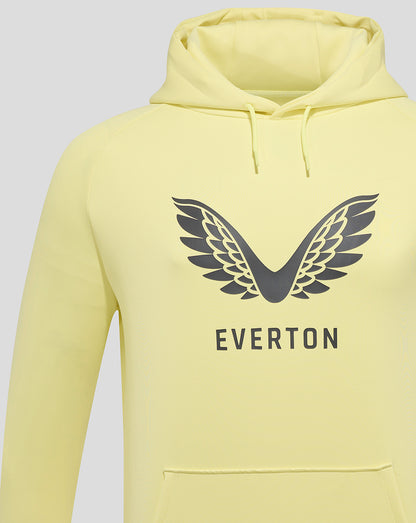 Pale yellow Everton training hoodie with a wing logo and EVERTON lettering on the chest, hood and front pocket visible.