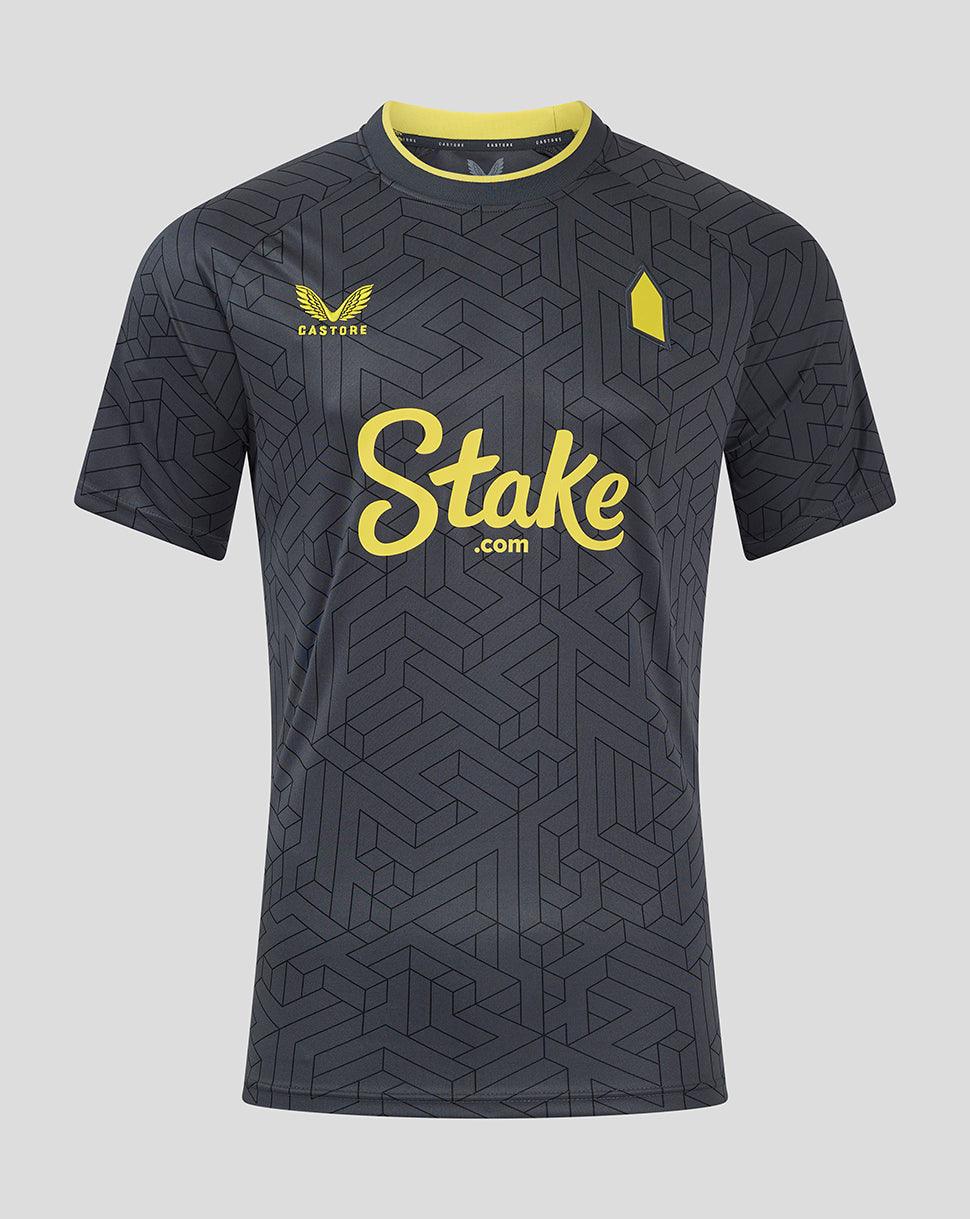 Everton Pro Away Shirt front in dark geometric jacquard with yellow crest and Stake sponsor