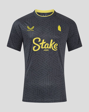 Everton Pro Away Shirt front in dark geometric jacquard with yellow crest and Stake sponsor