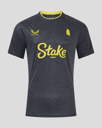 Everton Pro Away Shirt front in dark geometric jacquard with yellow crest and Stake sponsor